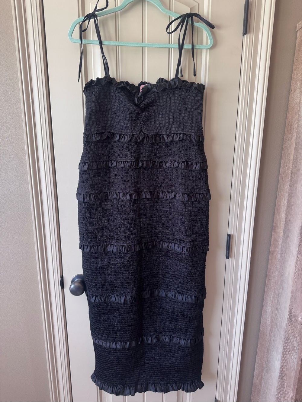 Show Me Your Mumu Stella Black Ruffled Smocked Midi Dress with Tie Straps XXL